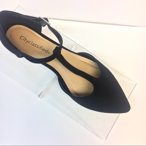 Last 2! Black T-Strap Flats Faux Suede Pointed Toe - Picture 4 of 8
